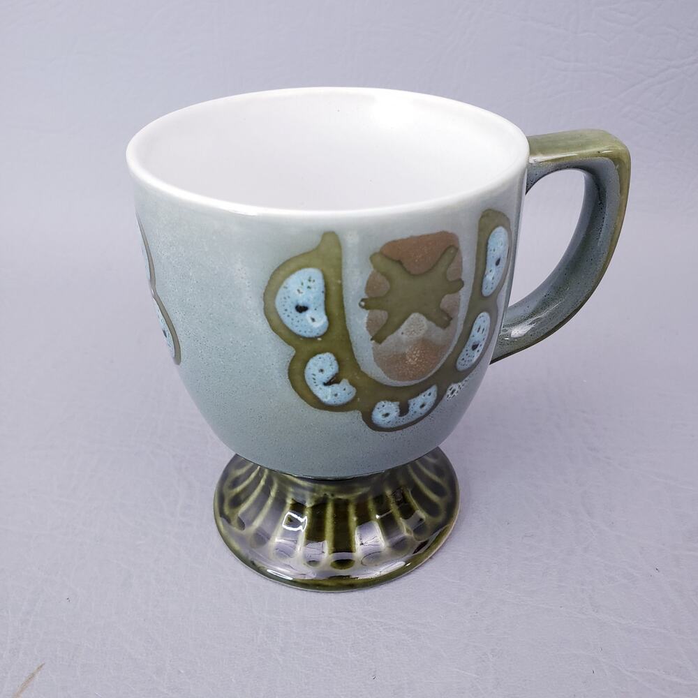 Vintage Green and Blue Stoneware Footed Pedestal Coffee Mug